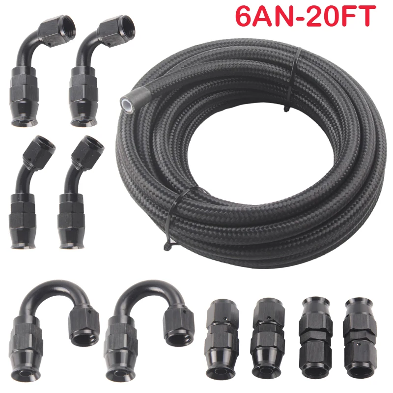 

6m/20ft An6/8/10 E85 Tube Nylon Stainless Steel Braided PTFE Black Fuel Line Fitting Kit with 10pcs Swivel Hose Ends