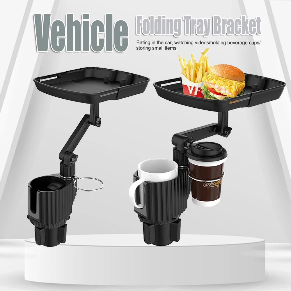 Car Cup Holder Tray - Foldable Adjustable Car Eating Tray with Cup Holder Expander for Food, Drinks, Phone