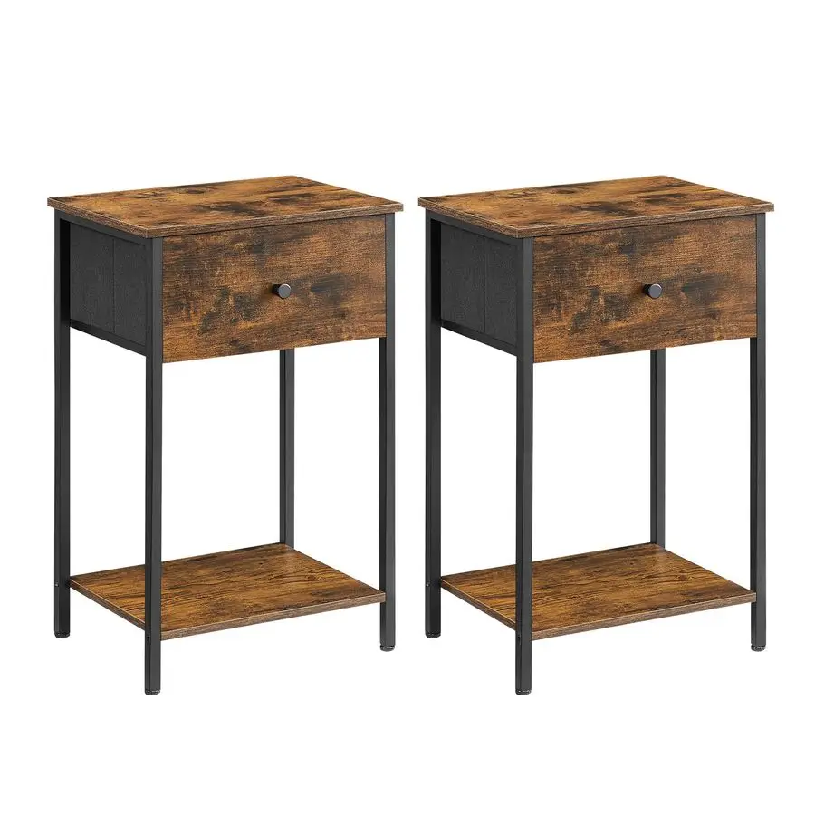 

Nightstands, Set of 2 Side Tables with Fabric Drawer, 24Inch Tall End Tables with Storage Shelf, Bedroom, Rustic Brown and Blac