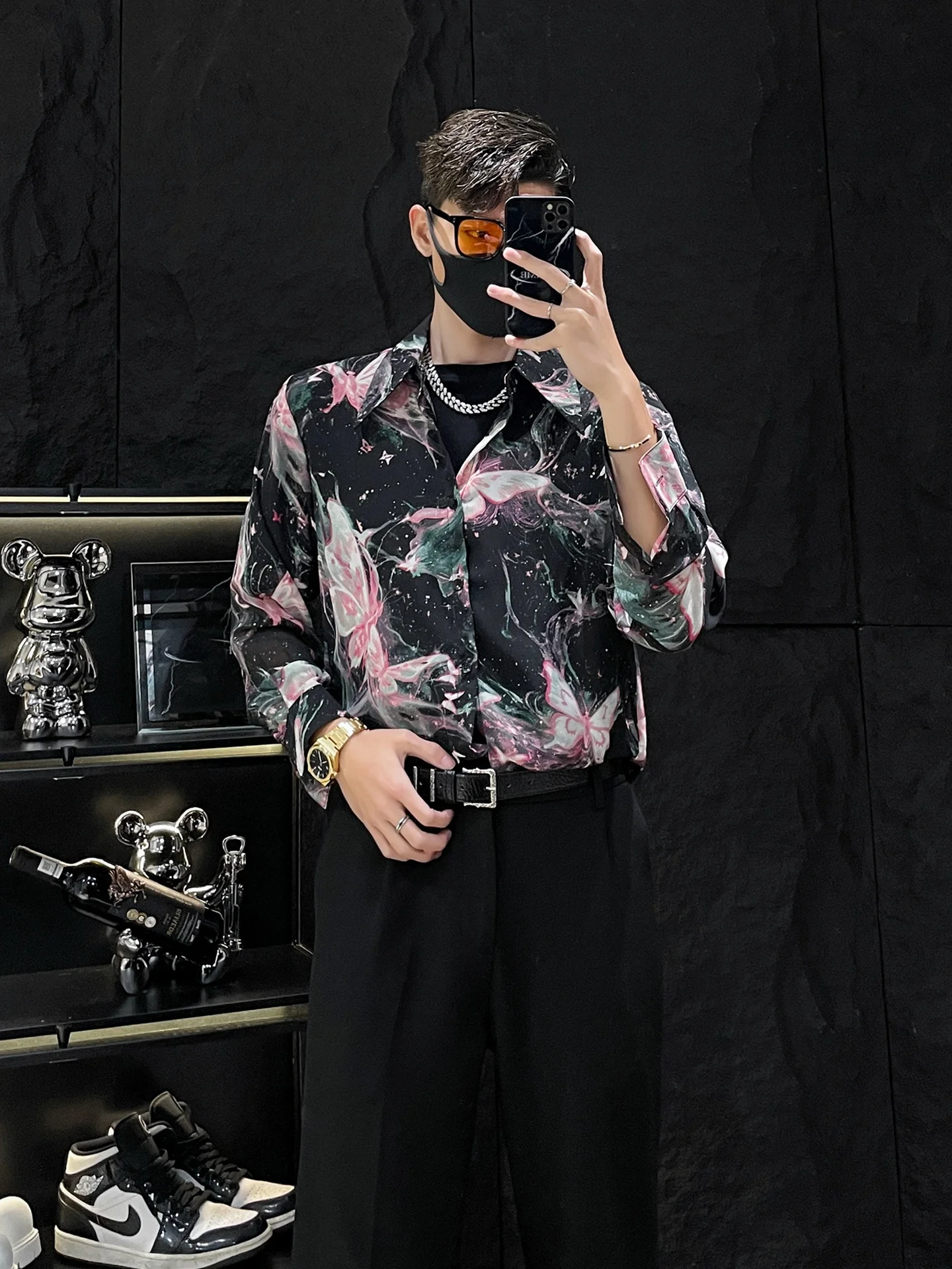 

Gold Stamp Print Long Sve Loose Fit irt for Men Youth Faion Summer Thin Fabric Ice Sensation No Iron Required