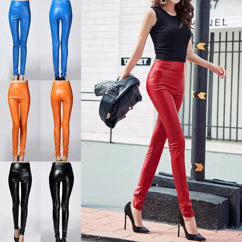 

Women Velvet Trousers High Waist PU Leather Pants Solid Color Warm Winter Skinny Pencil Pant Leggings Autumn Fashion