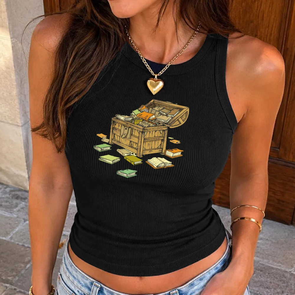 Women's Coquette Antique Treasure Chest Vintage Book Print Slim Beige Ribbed Crop Tank Women Indie Library Cottagecore Tank Top