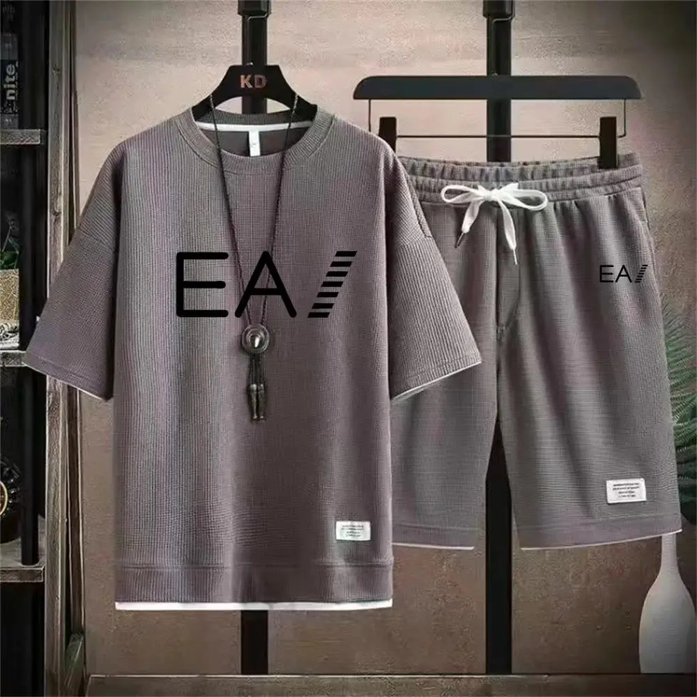 

2024 Trendy Men's new summer breathable waffle set Crewneck Short sleeve + Track shorts two-piece printed with letters EA1