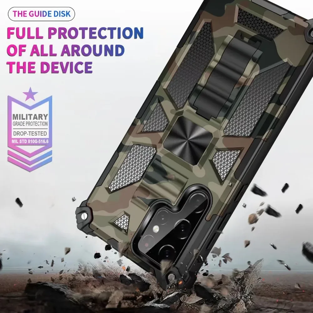 Camouflage Armor Case For Samsung Galaxy S23 S22 Ultra S21 S20 FE 5G TPU Frame Hard Plastic Hidden Kickstand Phone Back Cover