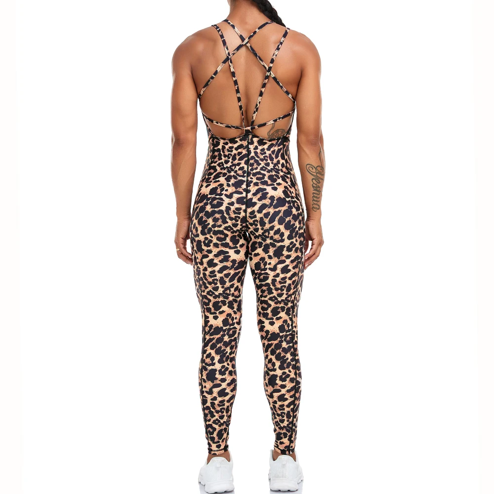 Leopard Sexy Jumpsuits Women Backless Cross Bodysuit Sporty One Piece Sportswear Bodycon Chest Pad Overalls Female Gym Fitness