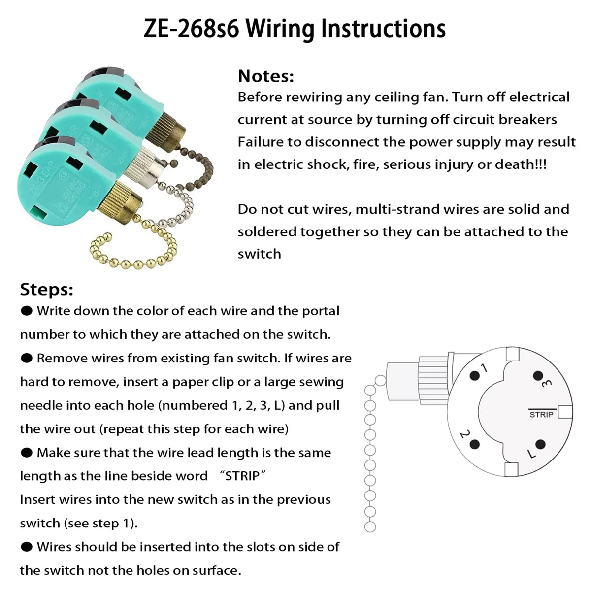 3Pcs ZE-268S6 Ceiling Fan Switch 3 Speed 4 Wire for Ceiling Fans and Wall Lights Pull Chain Switch Replacement Bronze