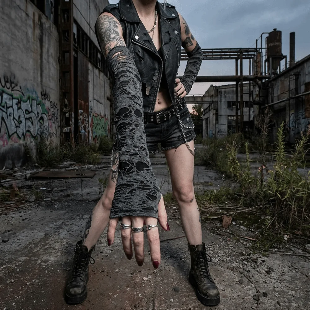 Guanti Lunghi Punk Stile Distressed Desert Wind, Scaldabraccia Senza Dita Leggeri Stile Scuro, Maniche Scavate