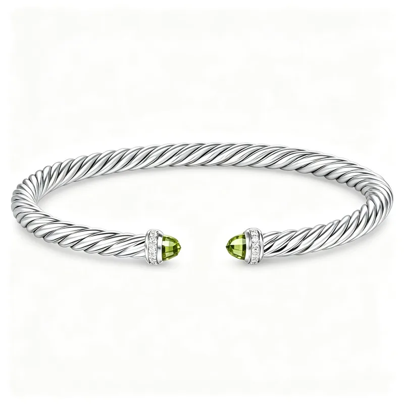 Silver Tone Alloy Twisted Cable Flex Bracelet for Women, Spiral Bangle with Green Crystal and CZ Pavé, Everyday Wear Jewelry