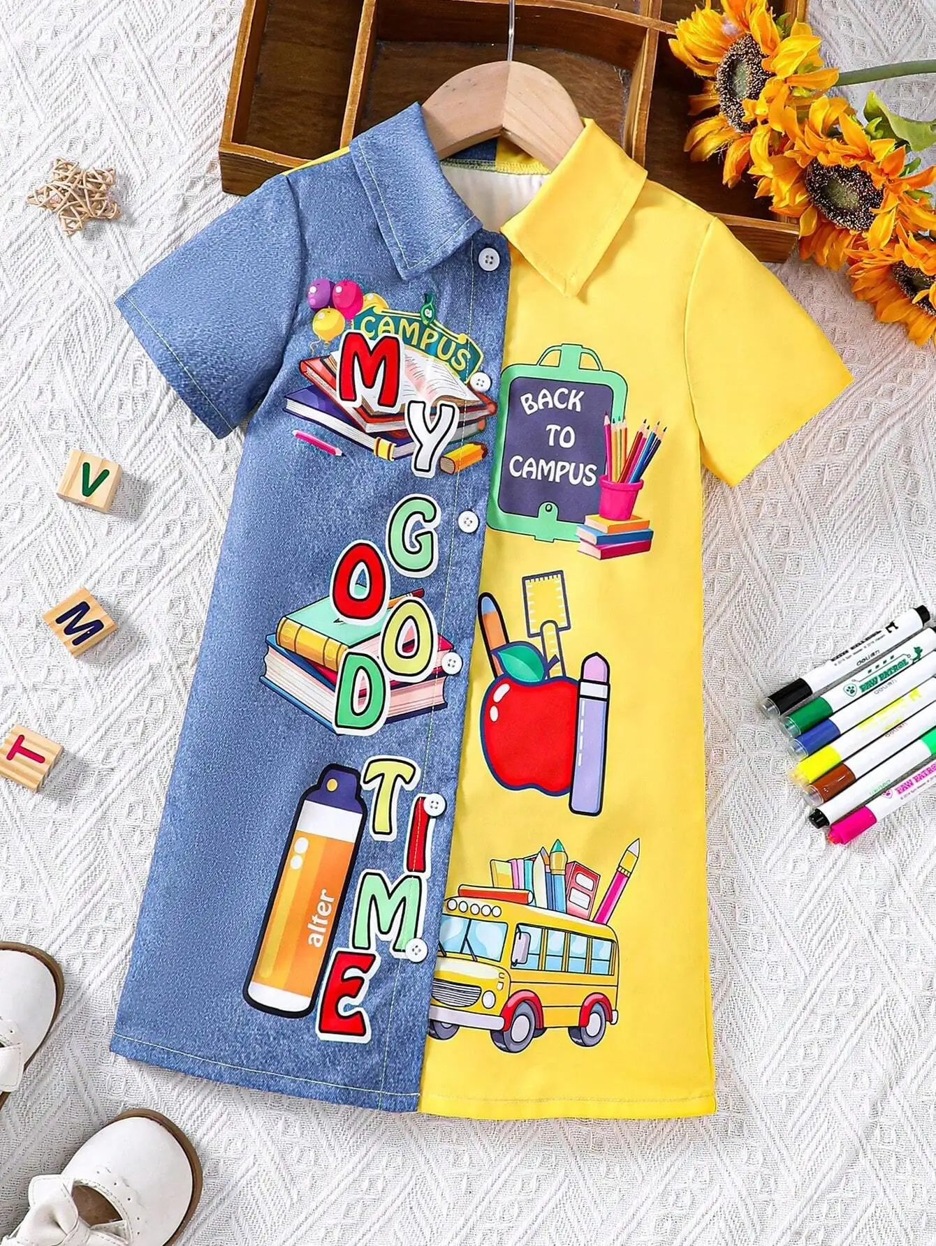 

Two-Tone Denim And Yellow Shirt Dress With School Print Cartoon Pattern