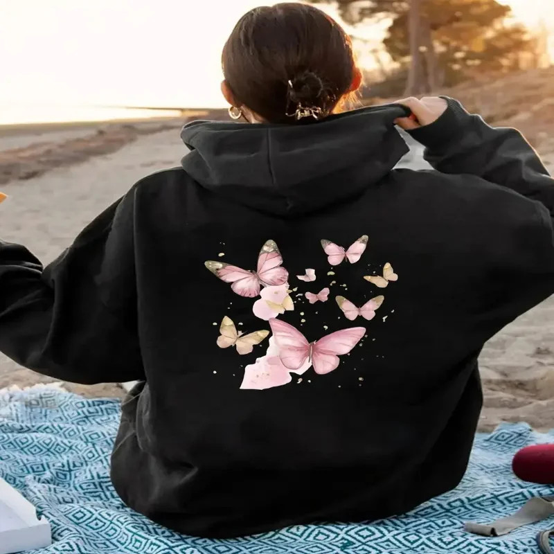 Womens Butterfly Back Print Hoodie Pullover Sweatshirt Drawstring Hood Cozy Casual Outerwear Fall Winter Season Streetwear