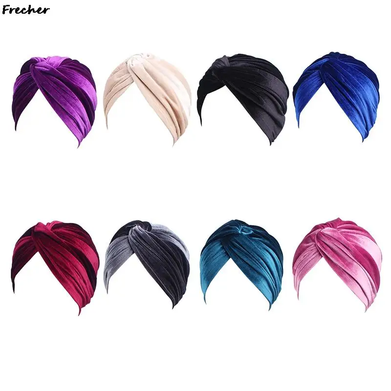 Cross Velvet Turban Hat Women Wedding Party Hair Cover Cap Elegant Ladies Islamic Inner Hats Twisted Knot Decor Headwrap Beanies