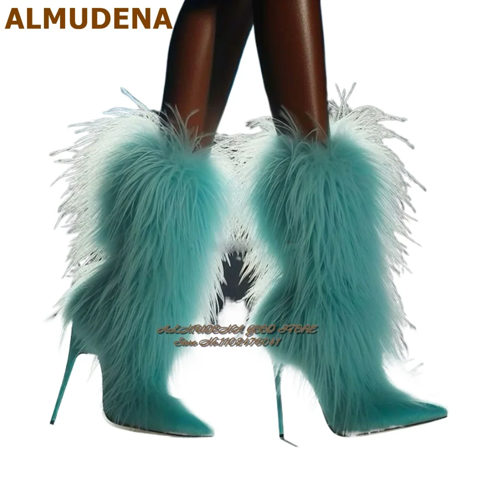 ALMUDENA Turquoise Fluffy Feather Mid-Calf Boots Lake Blue Suede Pointed Toe Fur Middle Boots Thin High Heel Warm Dress Shoes