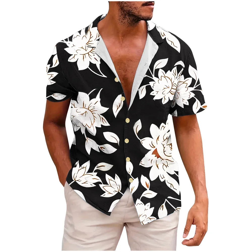 Camicie con risvolto alla moda hawaiane per uomo Camicie estive con piante tropicali stampate a maniche corte larghe abbottonate per le vacanze al mare 5XL