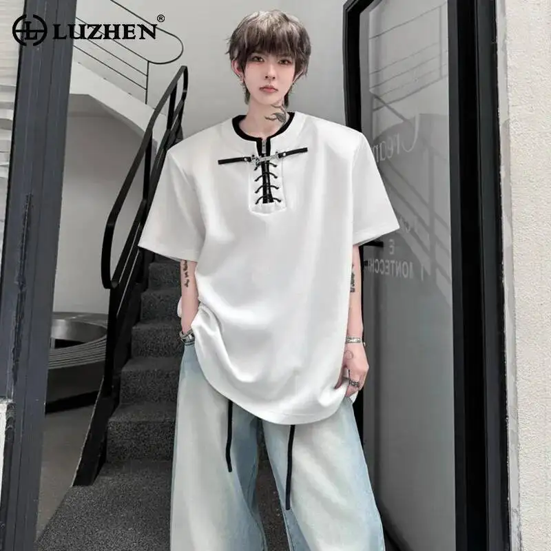 LUZHEN Summer Wave Round Neck Shoulder Pad T-shirts 2026 Men's Trendy High Quality Loose Short Sleeve Tops Handsome Tops JY7329