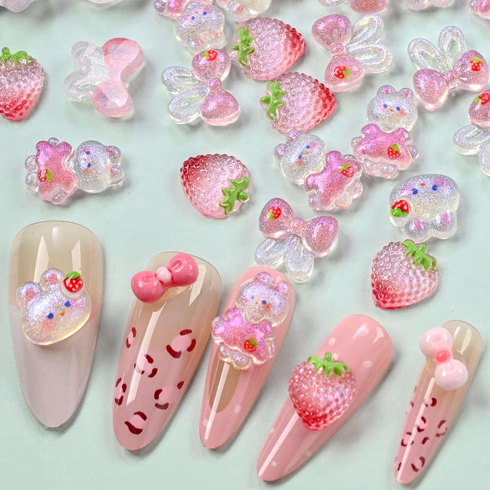 50pcs 3D Kawaii Rabbit Nail Art Charms Supplies Cute Pink Aurora Bow Rabbit Strawberry DIY Manicure Decor Nail Decoration Parts