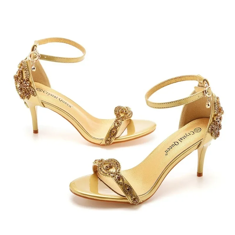 Women Pumps Sandals Wedding Rhinestone Buckle Strap PU 7CM Thin Heels Mature Dress Party Prom Women Shoes Golden Party Dance