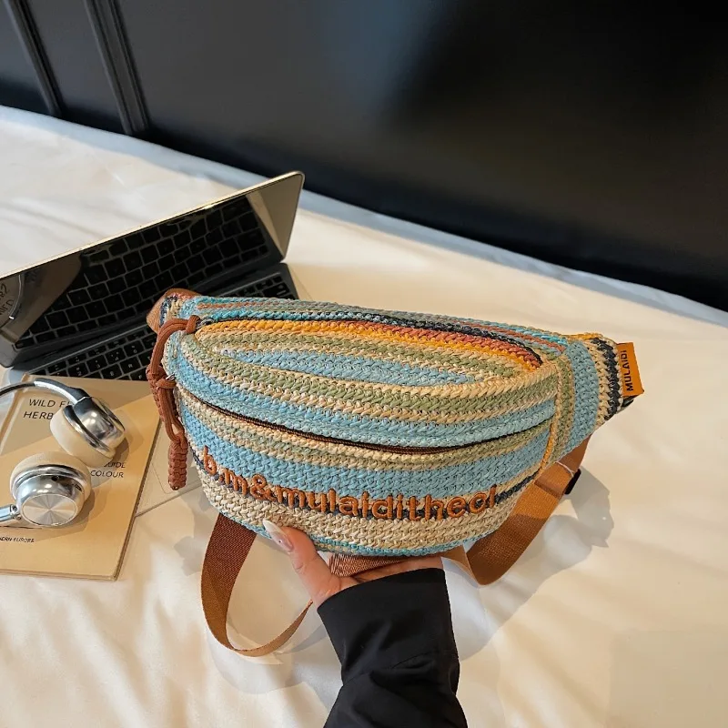 

Beach Vacation Straw Bag Commuter Crossbody Chest Pack for Women Summer Travel Tote Handbag