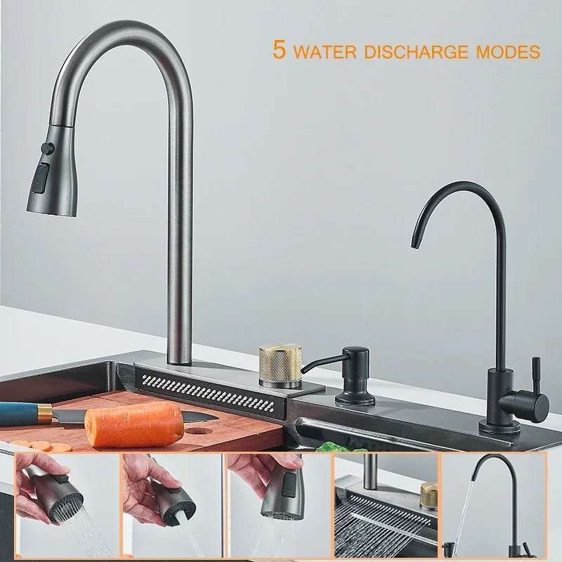 304 5 Water Discharge Modes Stainless Steel Waterfall Kitchen Sink Large Single Slot Integrated Digital Display Faucet Set