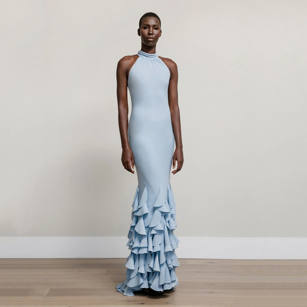 

Элегантное вечернее платье с рюшами и высоким воротником на шее, без рукавов, вечерние платья русалки для женщин, 2025 г., платья для гостей на свадьбу