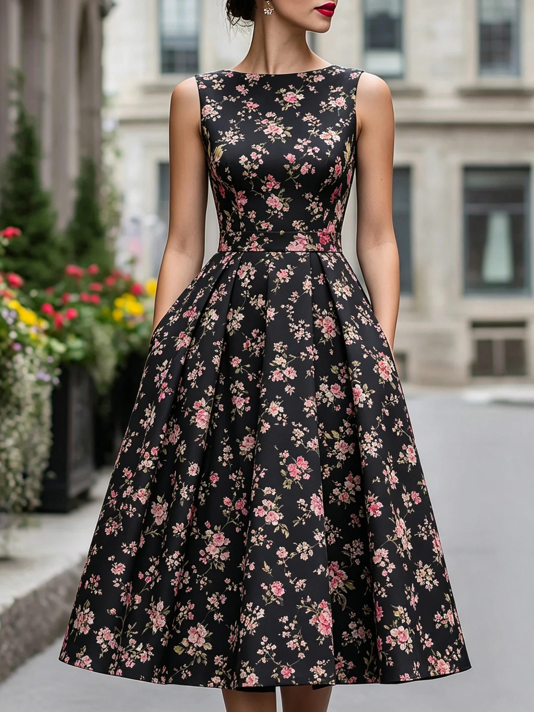 

Elegant Ditsy Floral Printed Dress with Classic Fashion Vintage Sleeveless A-Line Midi Dress for Formal Casual Occasions Dresses