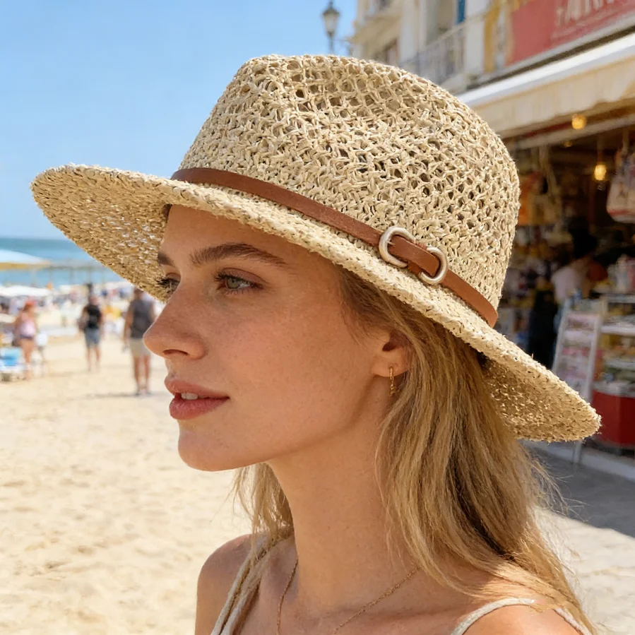 Breathable Hollow-Out Woven Wide-Brimmed Straw Hat with Vintage Belt Buckle, Suitable for Beach Vacations and Summer Settings, Sun Protection Jazz Hat, Fedora