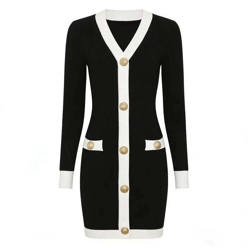 

High Quality Knitted Long Sleeve V-Neck Waist-Cinched Dress Fashionable Color Block Spring Autumn New Style Elegant Lady Dress
