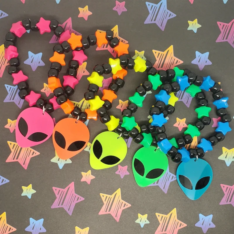 Rainbow Neon Alien Charm Kandi Bracelet