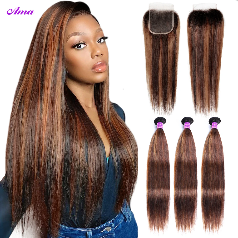 

FB 30 Brown Highlight Bundles With Closure Ombred Straight Bundles With Closure 1b 4/30 Colored Human Hair Bundles With Closure