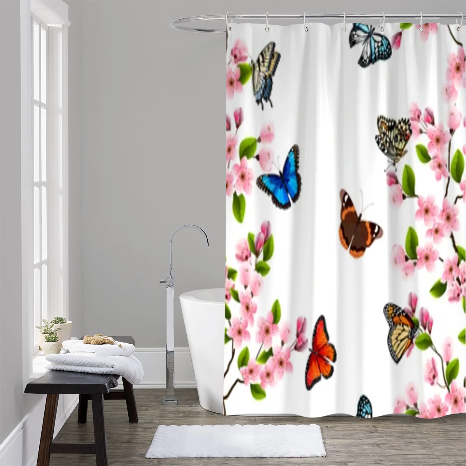 Sakura And Butterflies Shower Curtain Waterproof Polyester Bath Curtain Home Decoration Bathroom Accessory Curtain