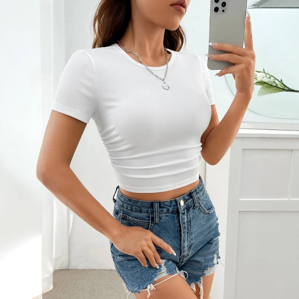 تي شيرت الربيع الصيف نحيل صالح أساسيات المسمار الموضوع عادي قصيرة الأكمام طاقم الرقبة اقتصاص تي شيرت للنساء