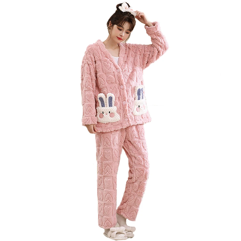 Winter Cute Plush Flannel Pajamas Sets Women's Kawaii Bunny Ear Pockets Long Sleeve Sleepwear Thicken Sweet  2 Piece Nightwear