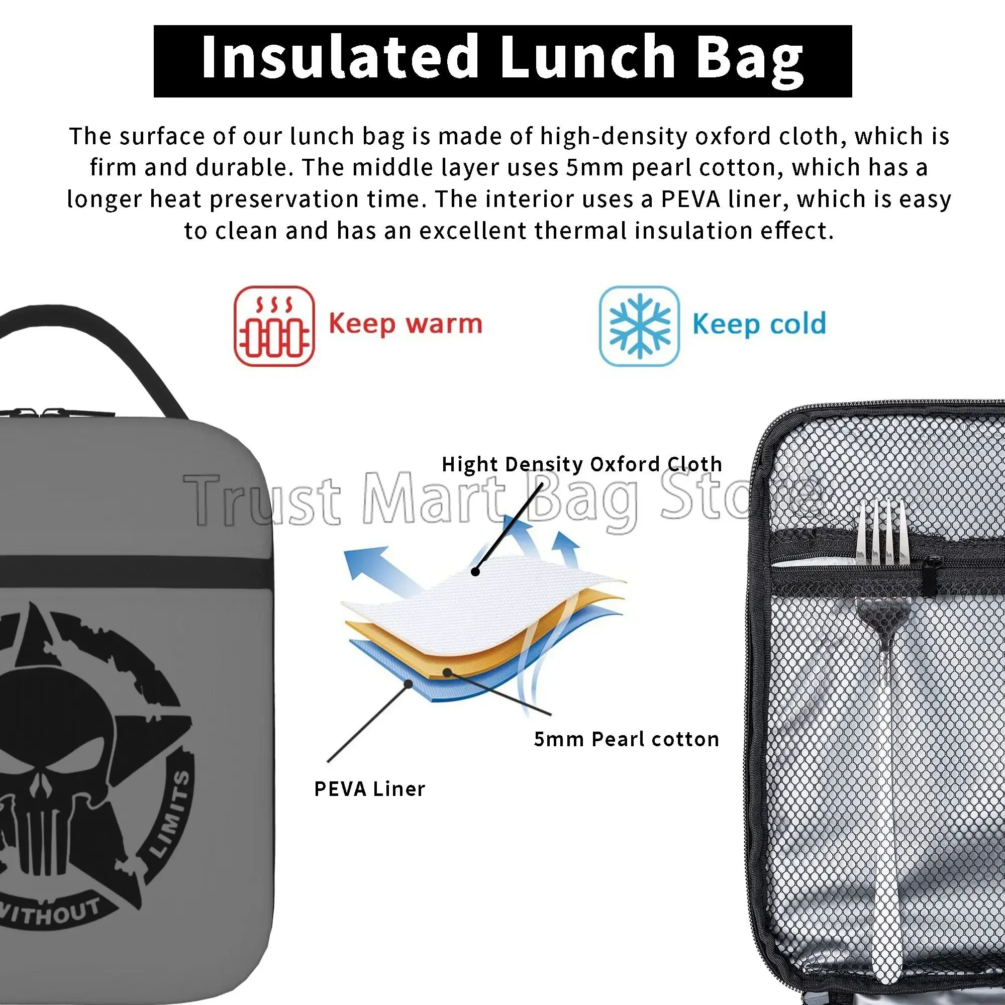 Military Tactical Skull Star Insulated Lunch Bag Portable Waterproof Lunch Box Thermal Cooler Bento Tote for Work Travel Picnic