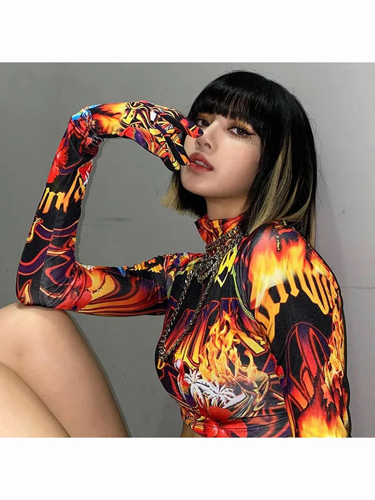 Y2k Long Sleeve Gloves T Shirt Egirl Anime Fire Flame Pattern Printed Crop Top Turtleneck Bodycon Sexy Fairycore Tees Nightclub