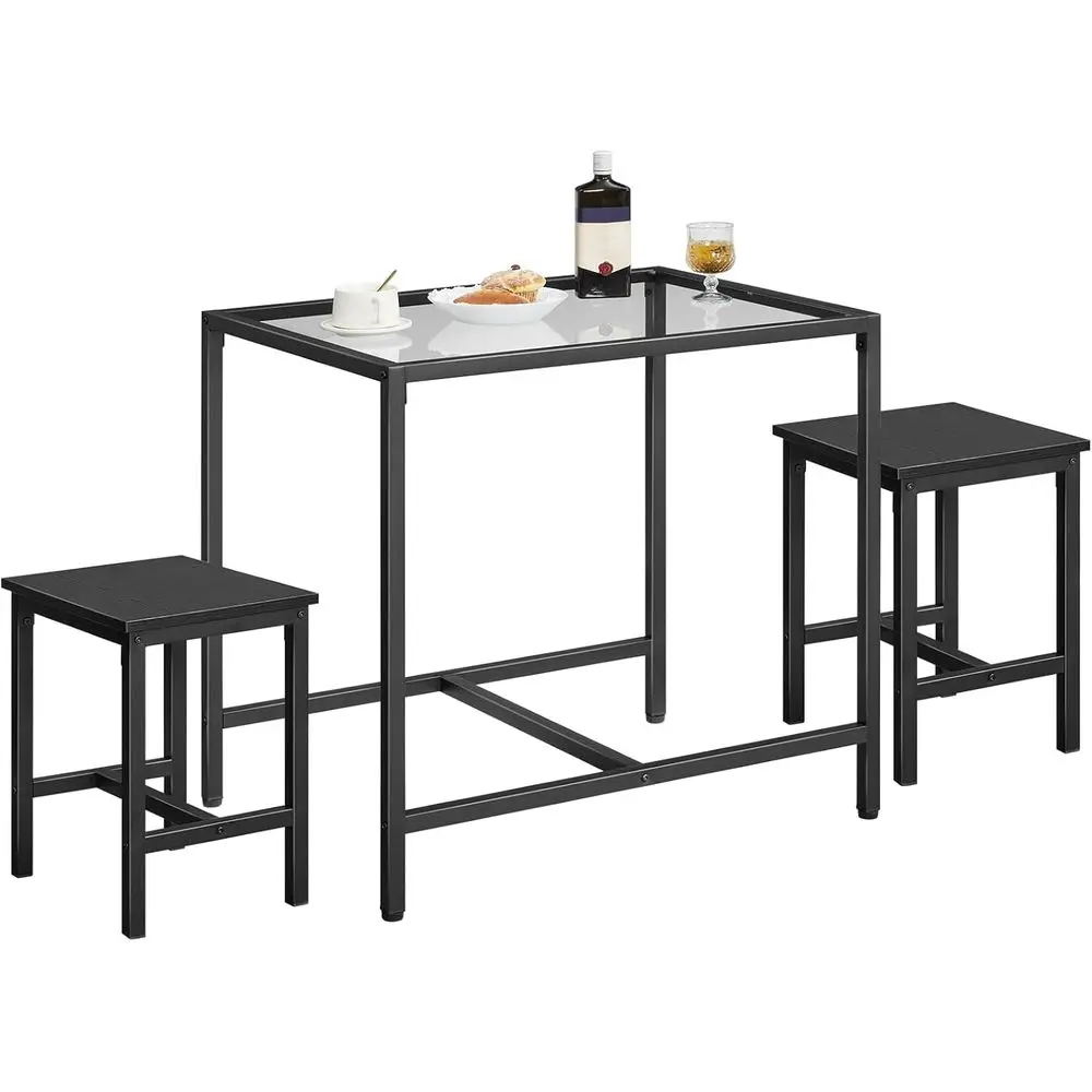 Compact Rectangular Glass Dining Set for 3, Modern Black BK80CZ01 Kitchen Table with Chairs