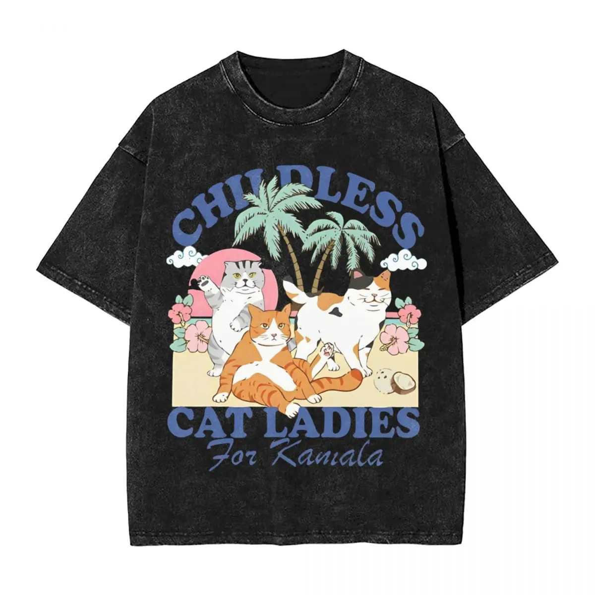 Childless Cat Lady Harris 2024 T Shirts Hip Hop Washed Short Sleeve Street T-Shirt Cool for Men Women Tops Printed Tee Shirt