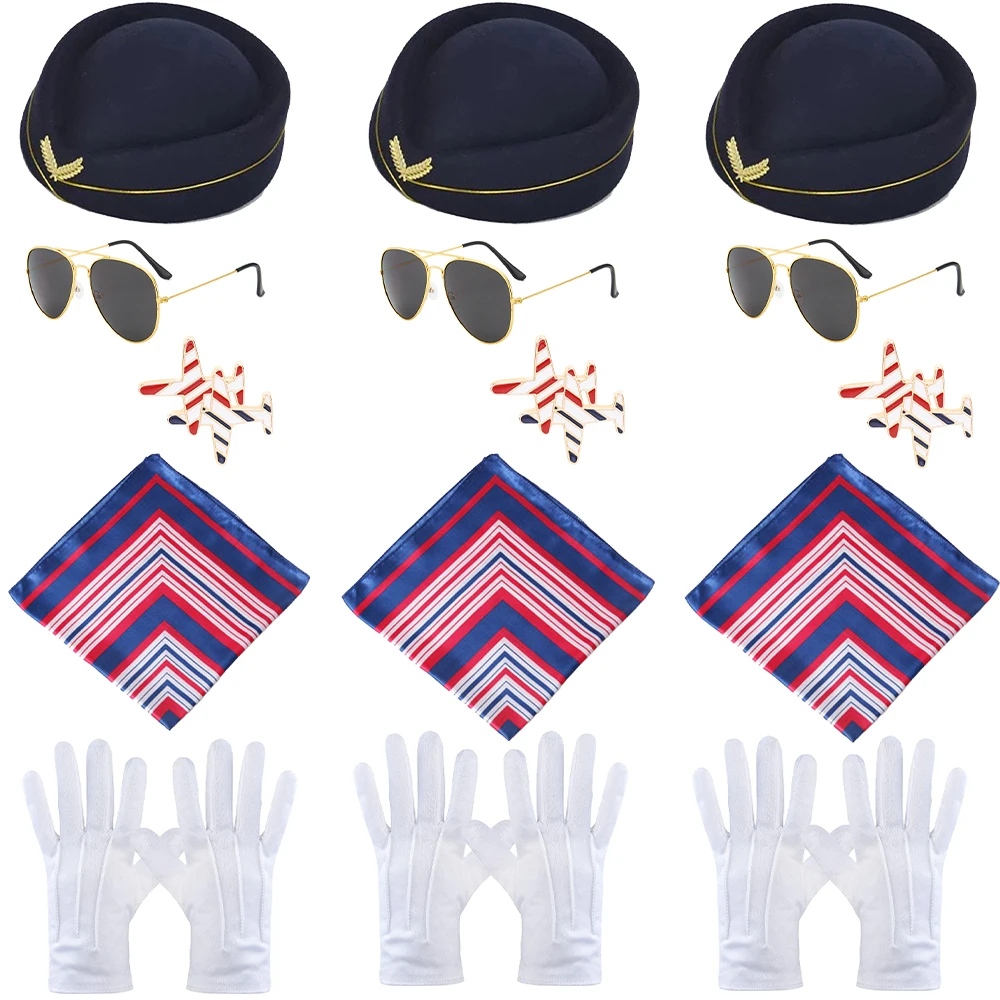 PESENAR Stewardess Costume accessories, Stewardess hats, pins, gloves, sunglasses, Neck scarf, Cosplay