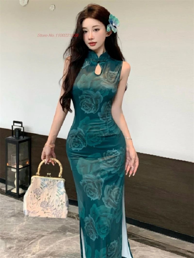 

2024 chinese sexy dress flower print cheongsam oriental party evening dress chinese traditional nightclub qipao sexy vestido