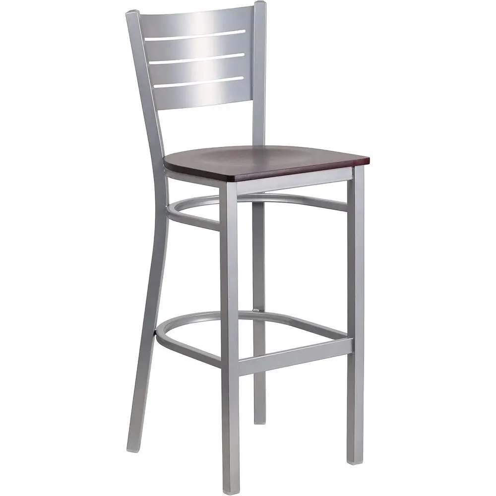 

Silver Slat Back Metal Barstool with Wooden Seat