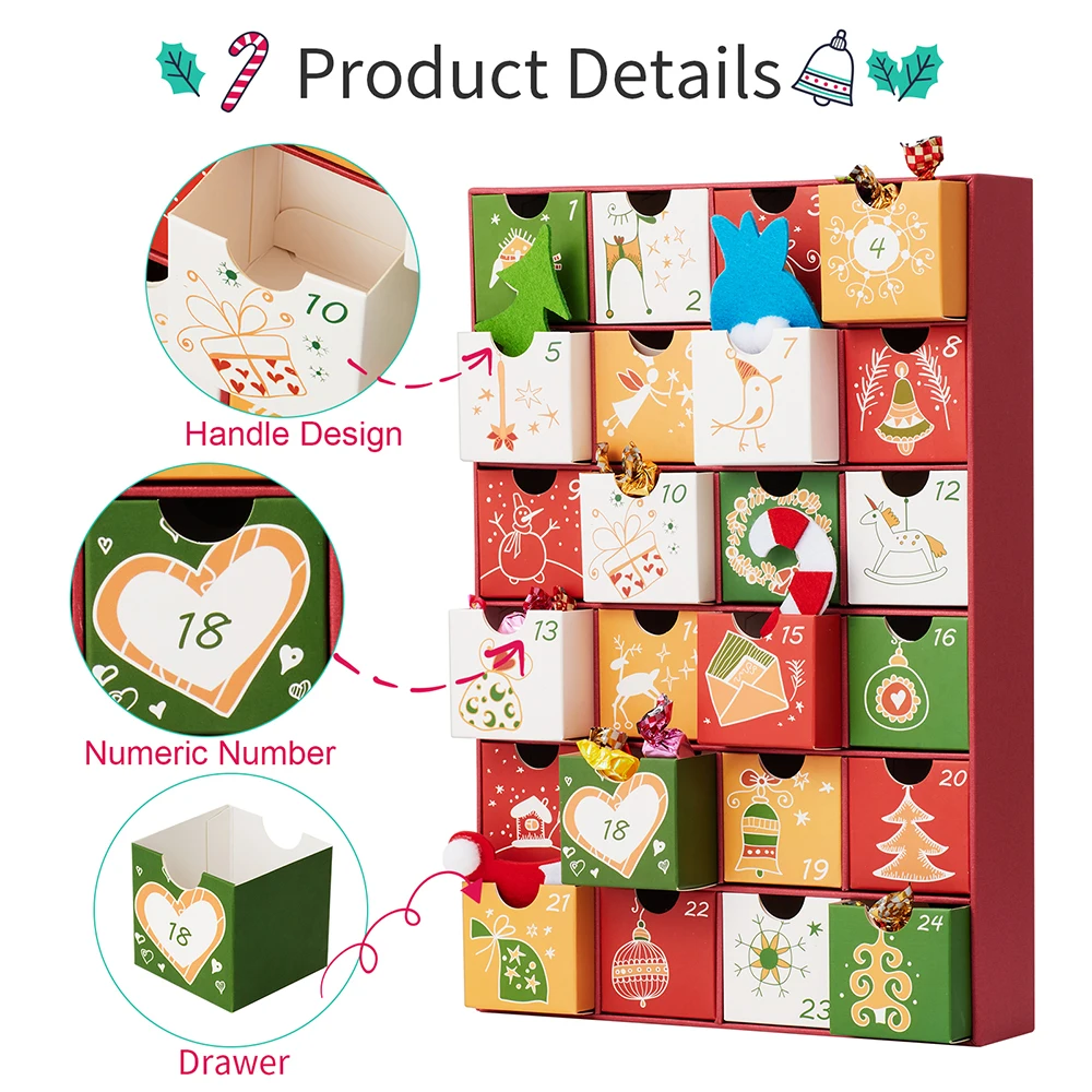 DIY Christmas Advent Calendar 24 Cardboard Treasure Boxes with 1-24 Number Stickers Countdown Calendar for Xmas Holiday Decor