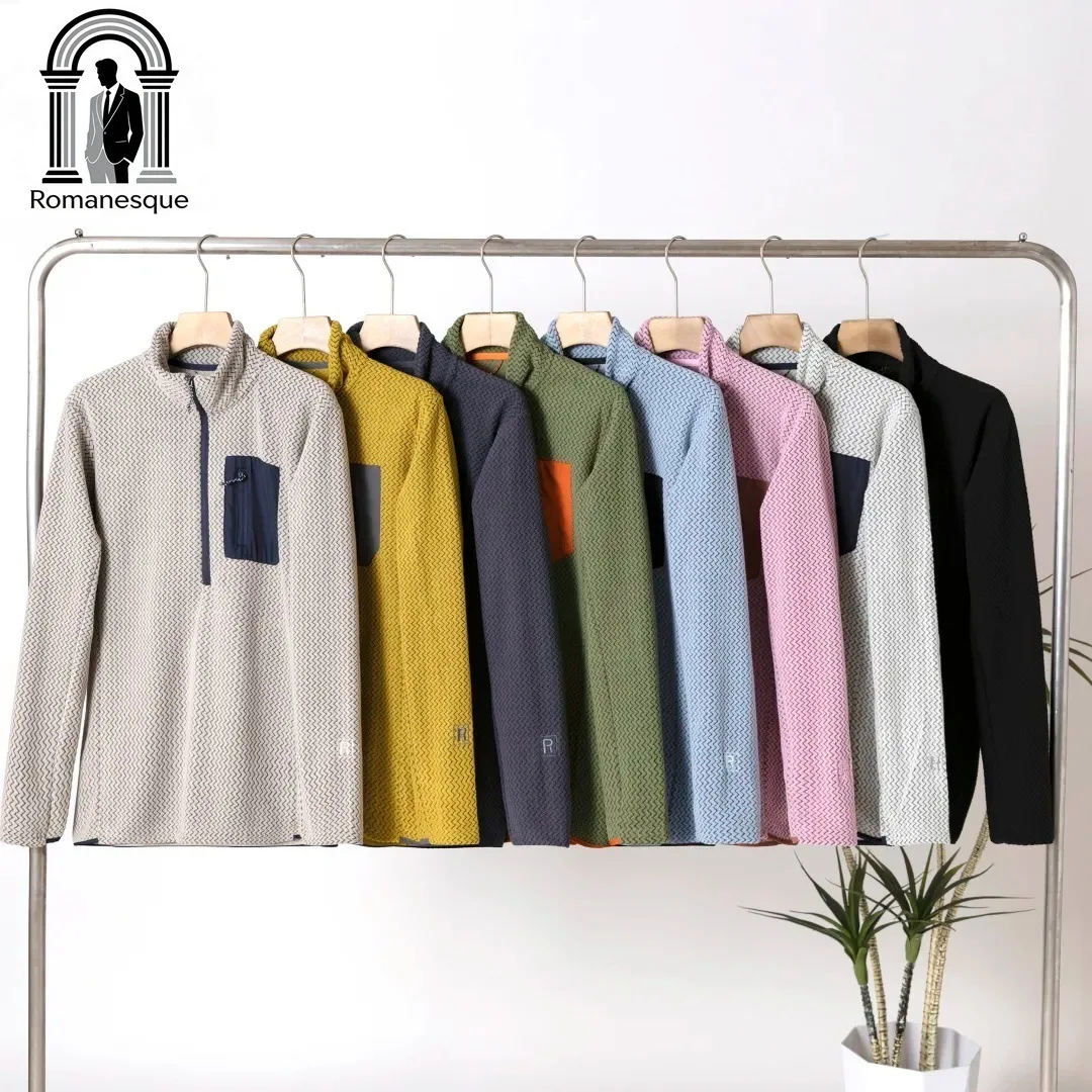 

2026 Spring Autumn Half Zip Fleece Sweatshirt Unisex Wave Pattern Velvet Lined Stand Collar Warm Casual Pullover Tops