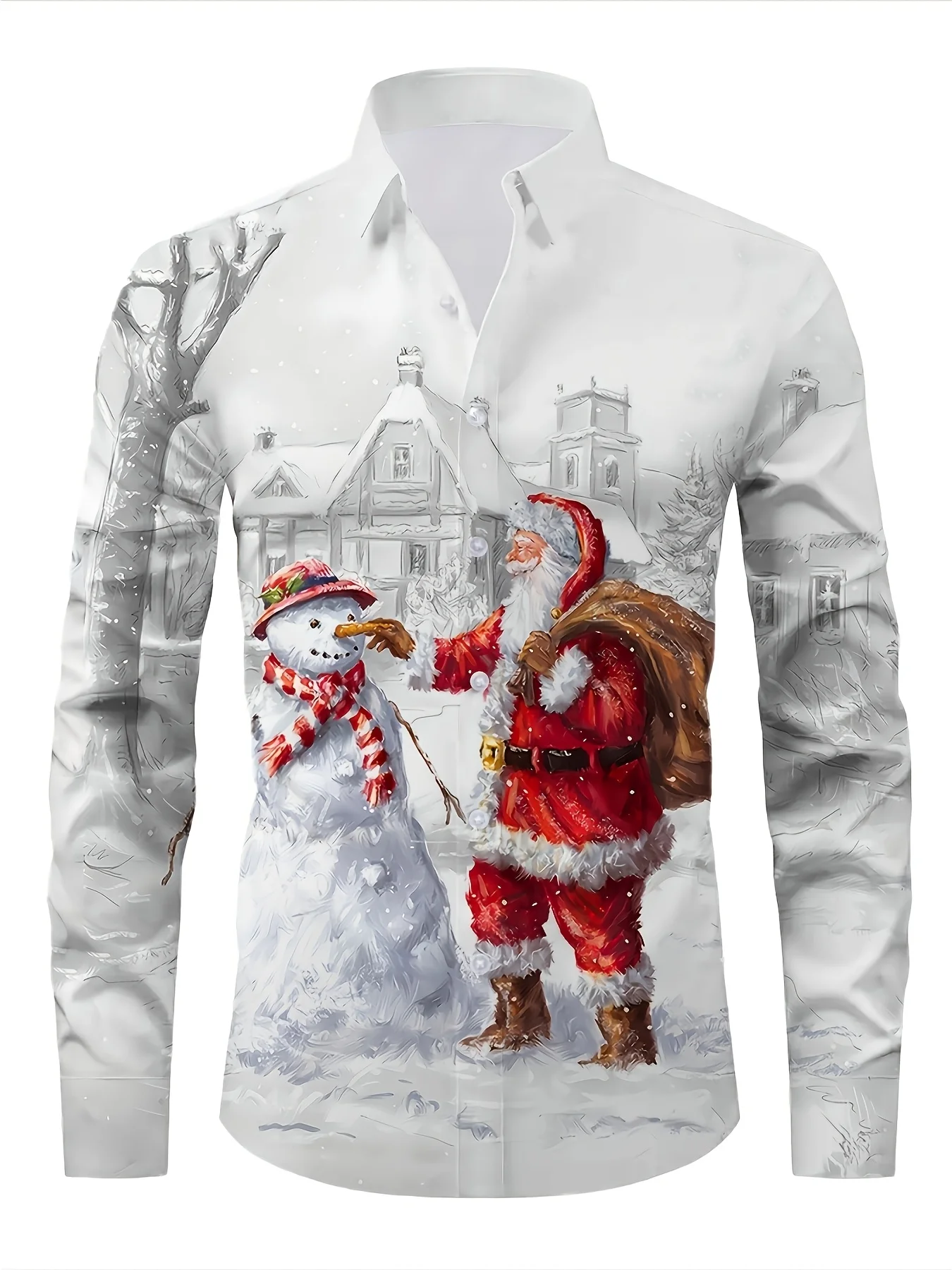 

Мужская 3D рождественская рубашка на пуговицах с длинным рукавом и Санта-Снеговиком — праздничная одежда стандартного кроя