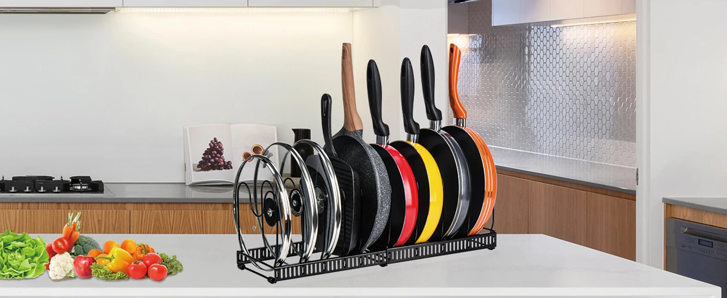 Erweiterbarer Topf-Organizer, Pfannen-Organizer mit 10 verstellbaren Fächern, verstellbarer Deckel- und Pfannenhalter von 30–58 cm, für Schrank, Schublade und Arbeitsplatte – Detail 1