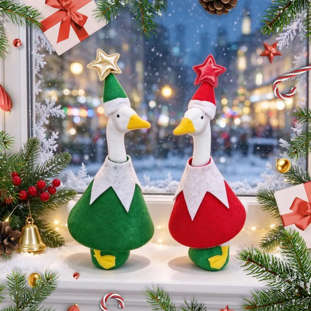 Christmas Goose Statue Christmas Desk Goose with Elf Outfit 7-inch Holiday Tabletop Decoration Star Topper Pointed Hat Goose
