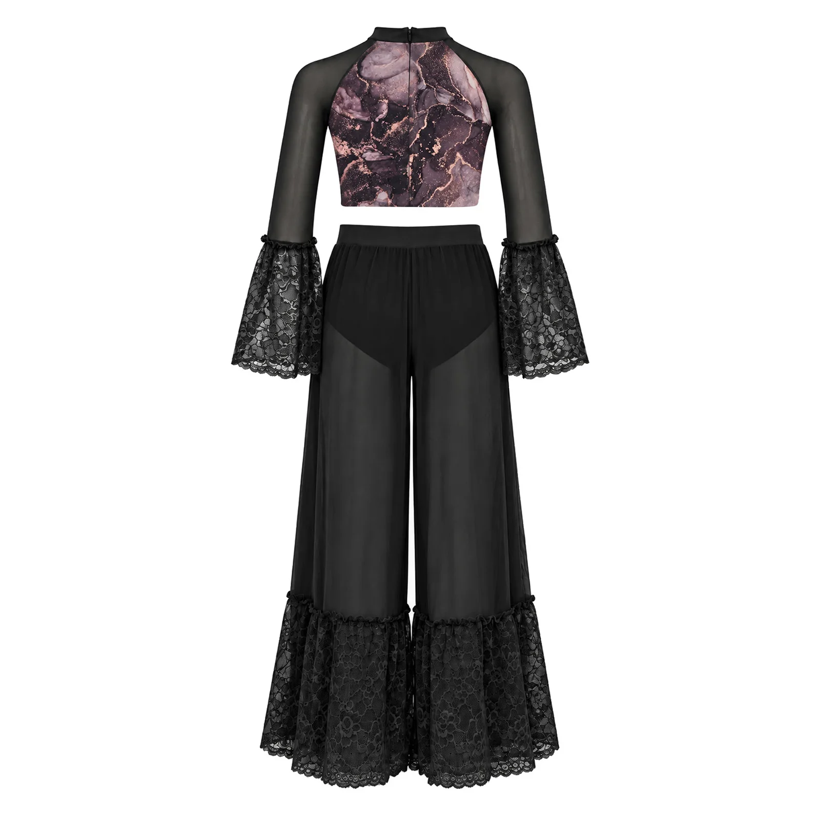 Kids Girls Ballet Lyrical Dance Outfit Modern Latin Suit Flared Sleeve Printed Crop Top with Wide-leg Pants for Dance Stage Show