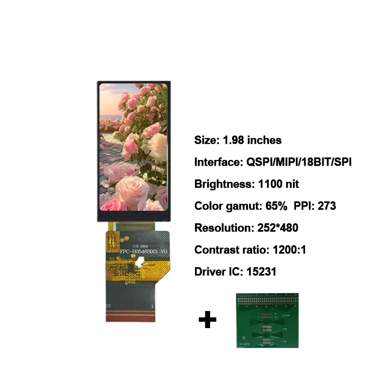 1.98 inch 252x480 High Brightness 1100 MIPI/18BIT/SPI/QSPI interface TFT LCD display