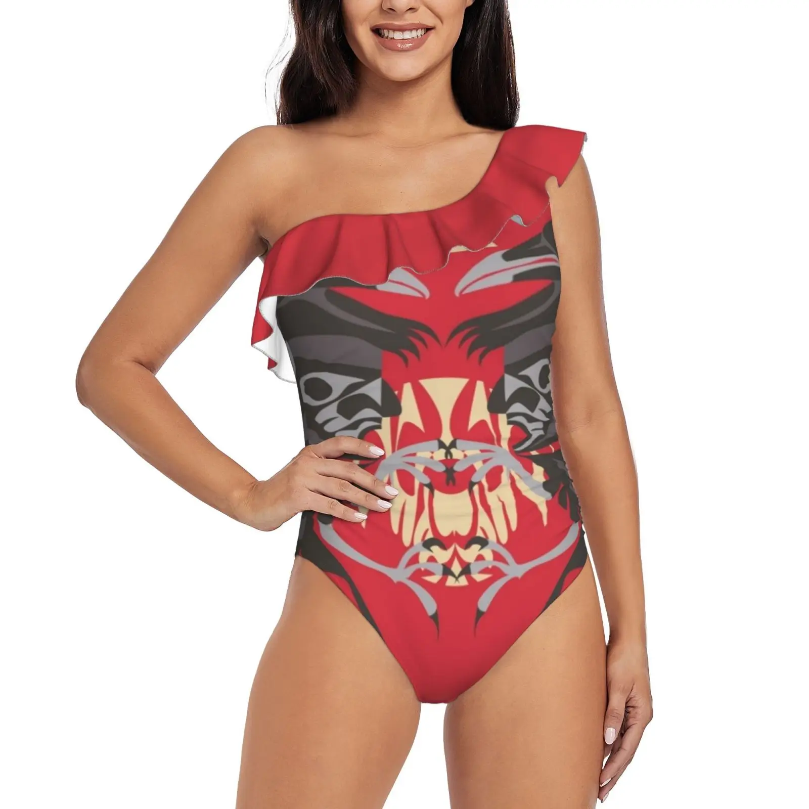 

Raven Vision One Shoulder Ruffle Swimsuit One Piece Print Swimwear Women Bathing Suit Monokini Crow Bird Corvus Brachyrhynchos