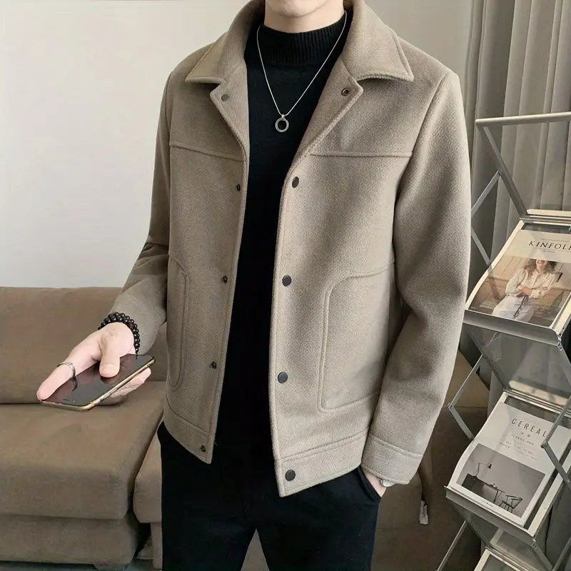 

Ele Thiened ort Woolen Jaet Men's Faion Brand Stand Collar Autumn Winter Coat Polyester Fiber Long Sve Coat