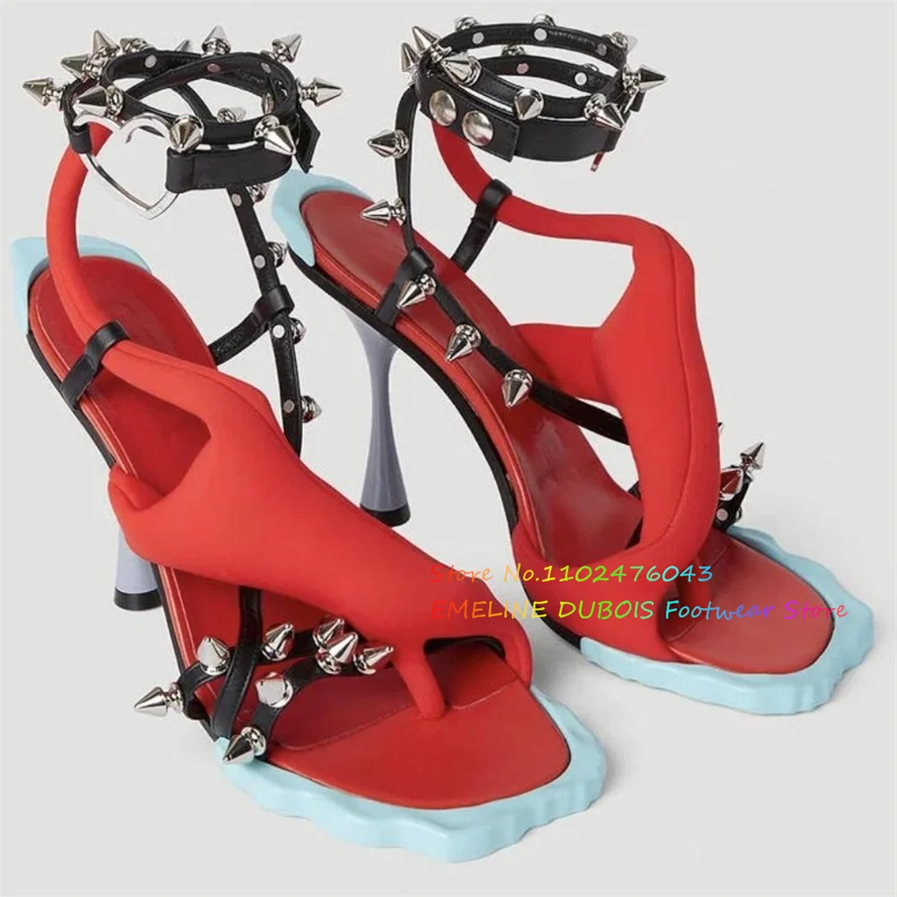 Multi Color Rivets Decor Flower High Heel Sandals Women Square Toe Slingback Ankle Strap Novelty Street Style Party Dress Shoes view 3