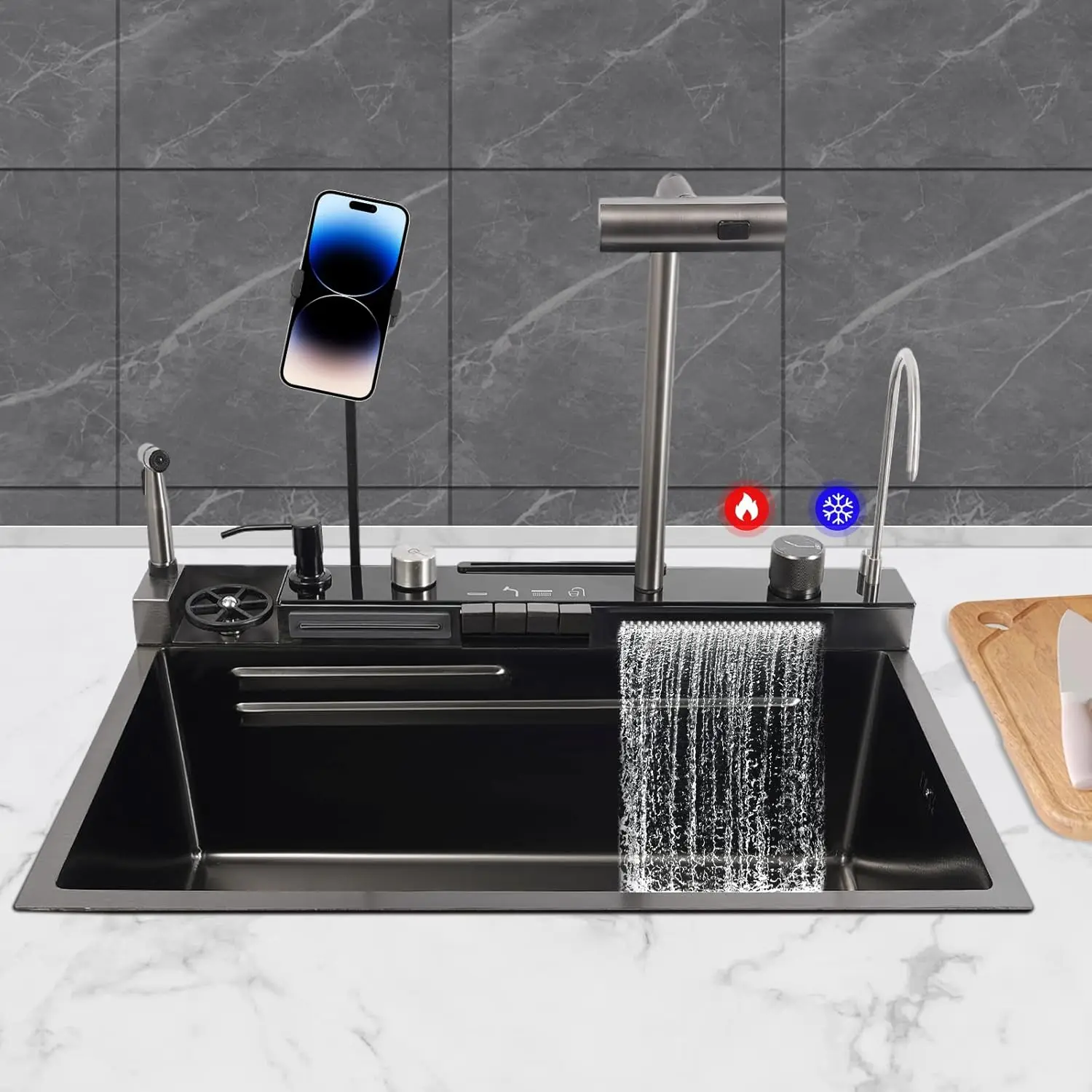 

Digital Display Kitchen Sink, 304 Stainless Steel Single Bowl Kitchen Sinks, Digital Display Waterfall Sink with 360 ° Pull Faucet