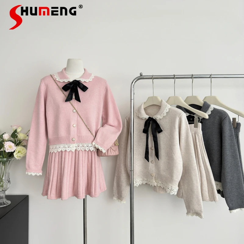 

Women's Sweet Girls Bow Knitted Cardigan Jacket and Knitwear Skirt Set Two Piece Sets Womens Outifits Spring and Autumn 2024